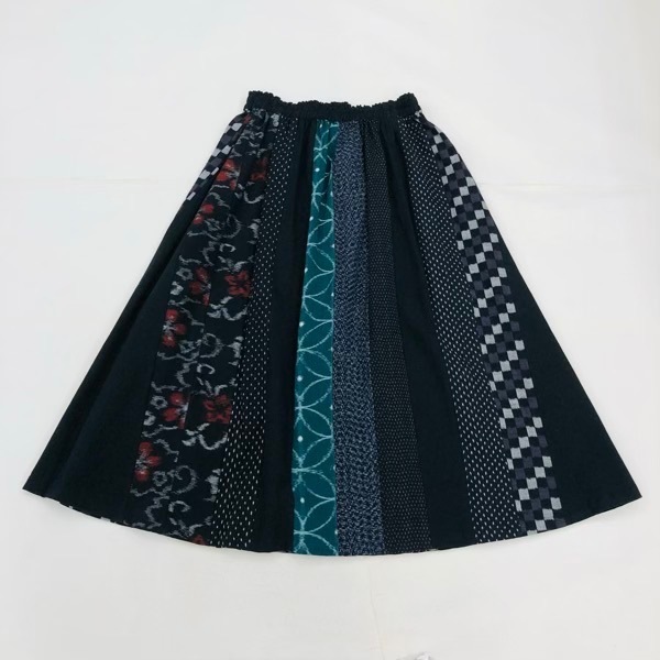 久留米絣　パッチワークスカート　黒系　L～LL