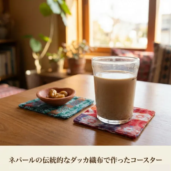 ネパールの手仕事「ダッカ織」で作った手作りコースター【5枚セット】