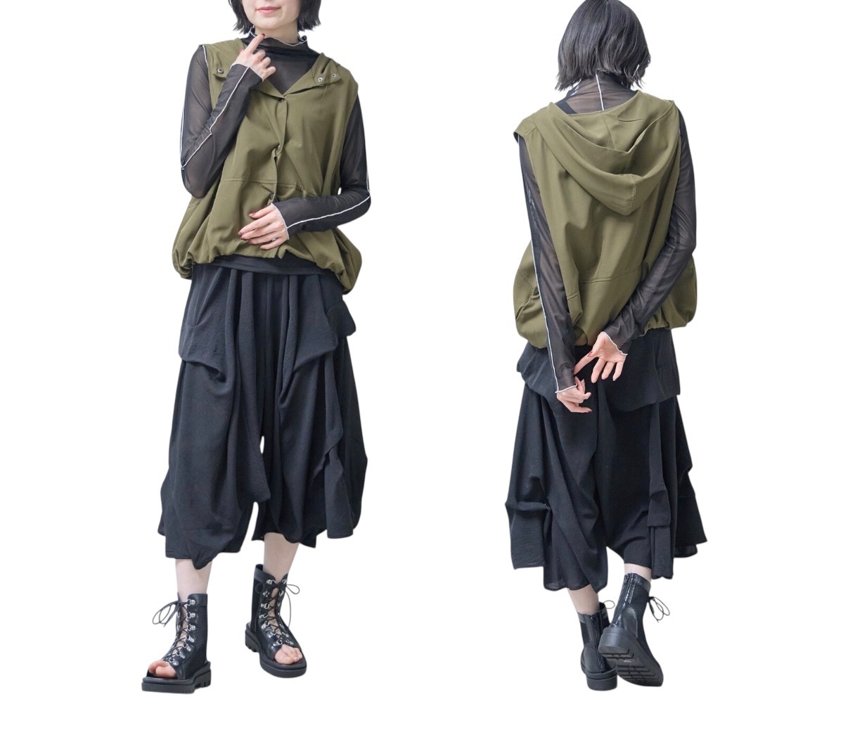 フリル　ワイドパンツ　モードスタイル
ブラック　黒　色違いグレー