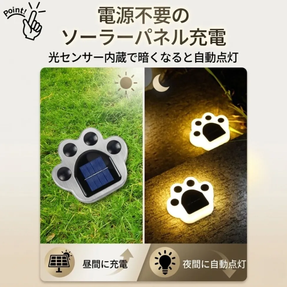 肉球 ライト 4個 セット LED ガーデンライト ソーラーライト ソーラー充電 自動点灯 屋外用