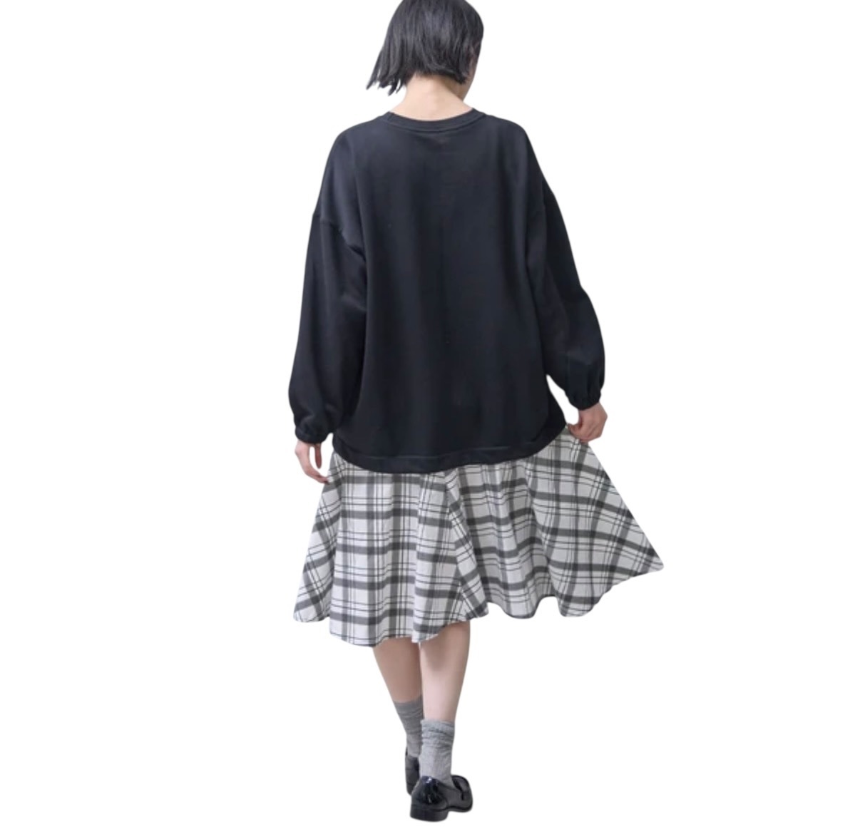 スカーフスカート ドッキング ワンピース  チェック柄　モノトーン
2way ロング丈　短丈