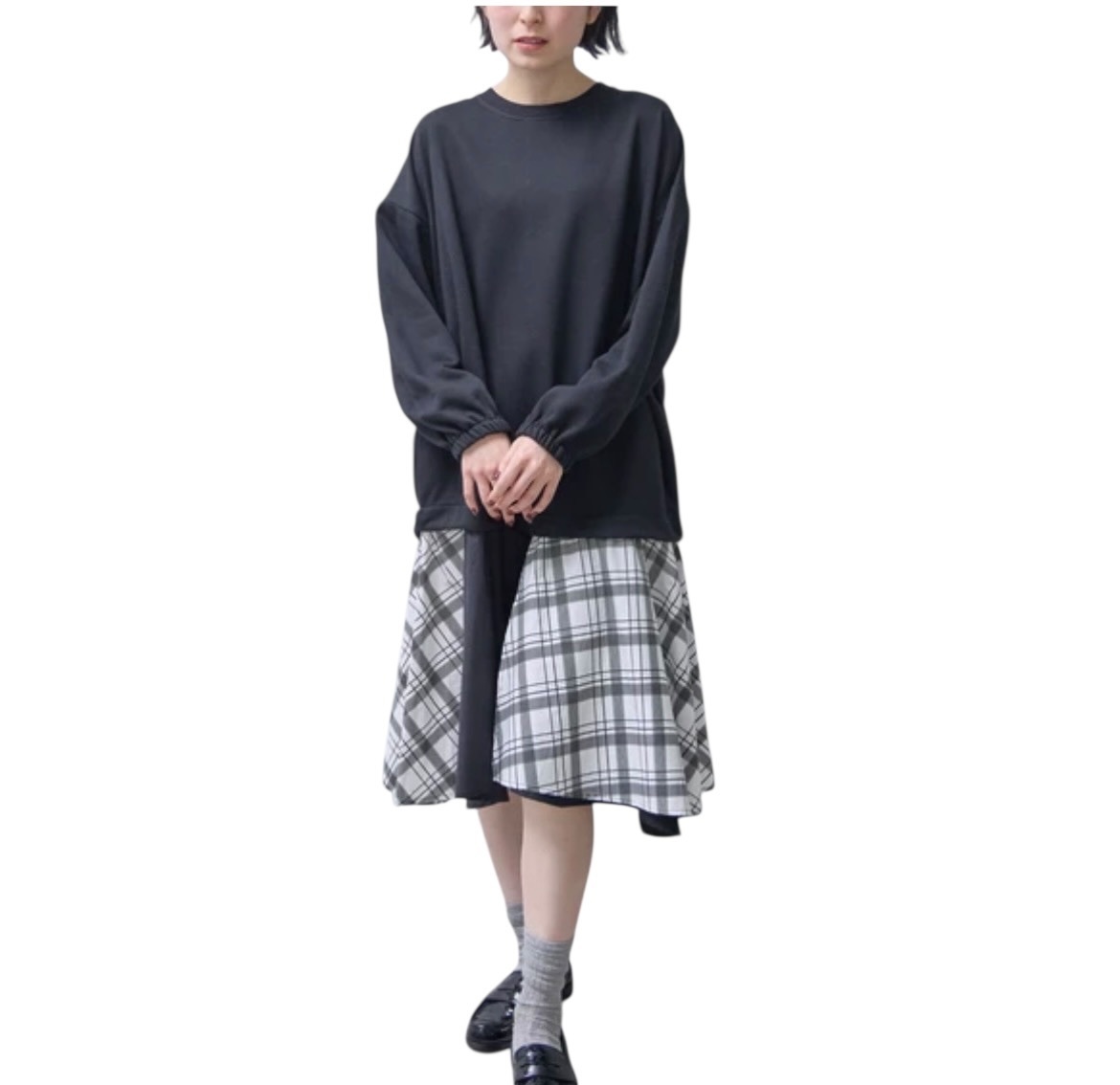 スカーフスカート ドッキング ワンピース  チェック柄　モノトーン
2way ロング丈　短丈