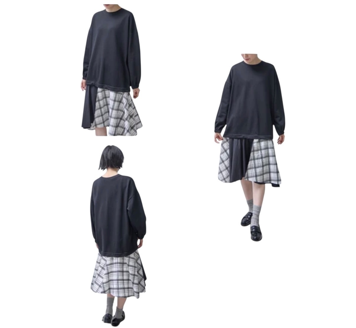 スカーフスカート ドッキング ワンピース  チェック柄　モノトーン
2way ロング丈　短丈