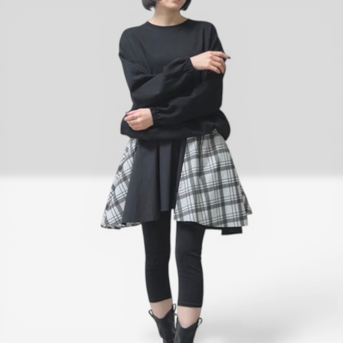 スカーフスカート ドッキング ワンピース  チェック柄　モノトーン
2way ロング丈　短丈