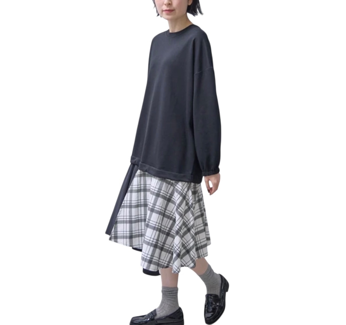 スカーフスカート ドッキング ワンピース  チェック柄　モノトーン
2way ロング丈　短丈