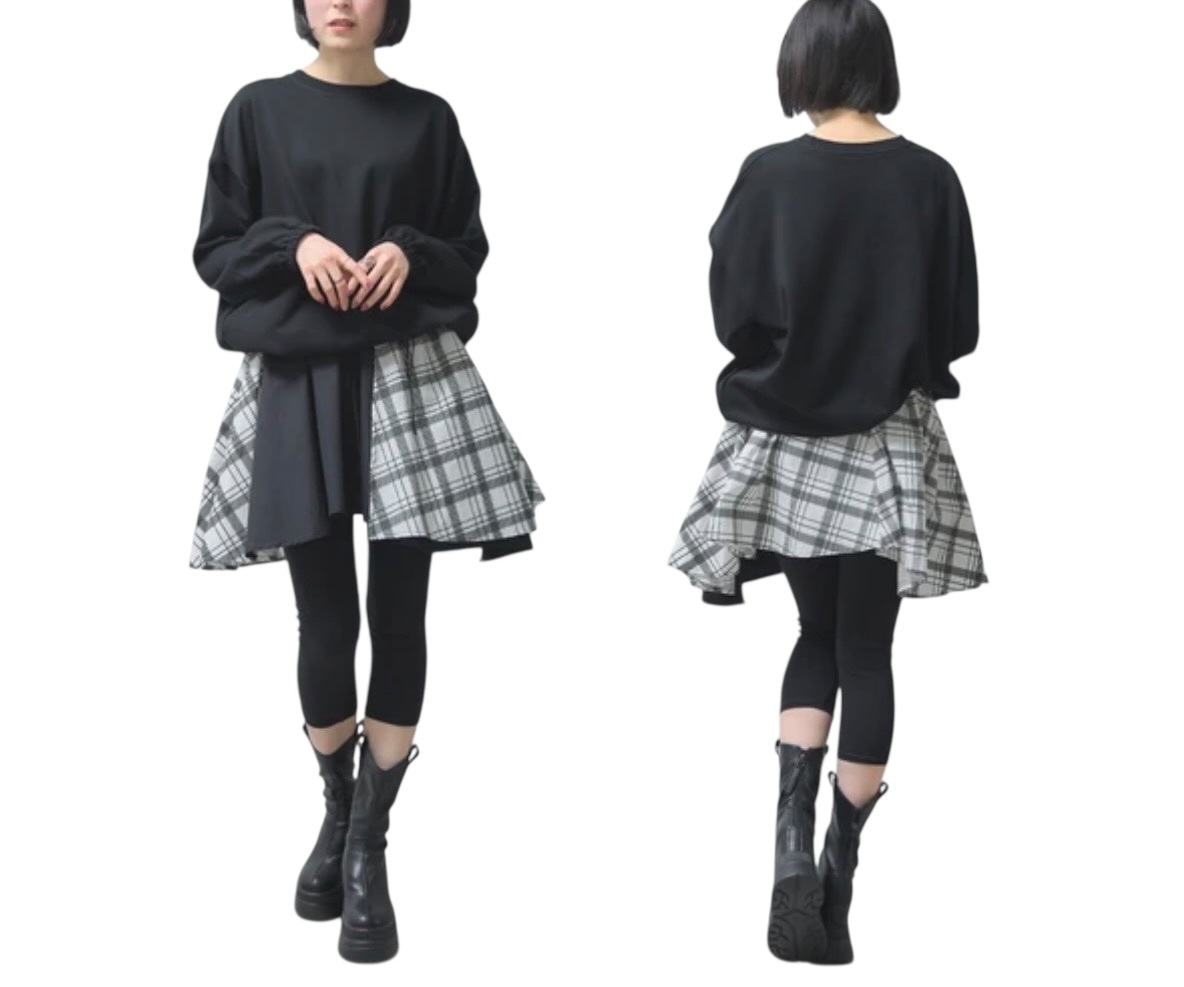 スカーフスカート ドッキング ワンピース  チェック柄　モノトーン
2way ロング丈　短丈