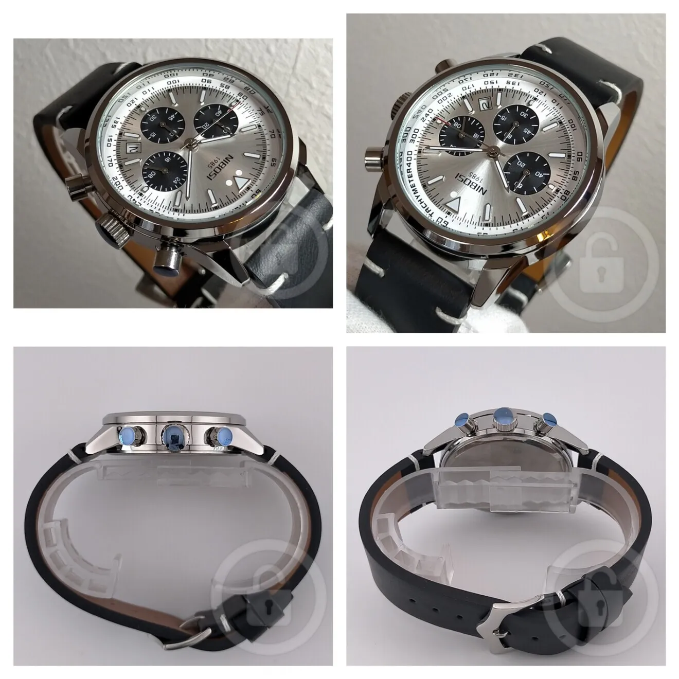 【緻密文字盤にモノトーン仕様の大人クロノグラフ/新品】カーフスキン 弓型バックル
