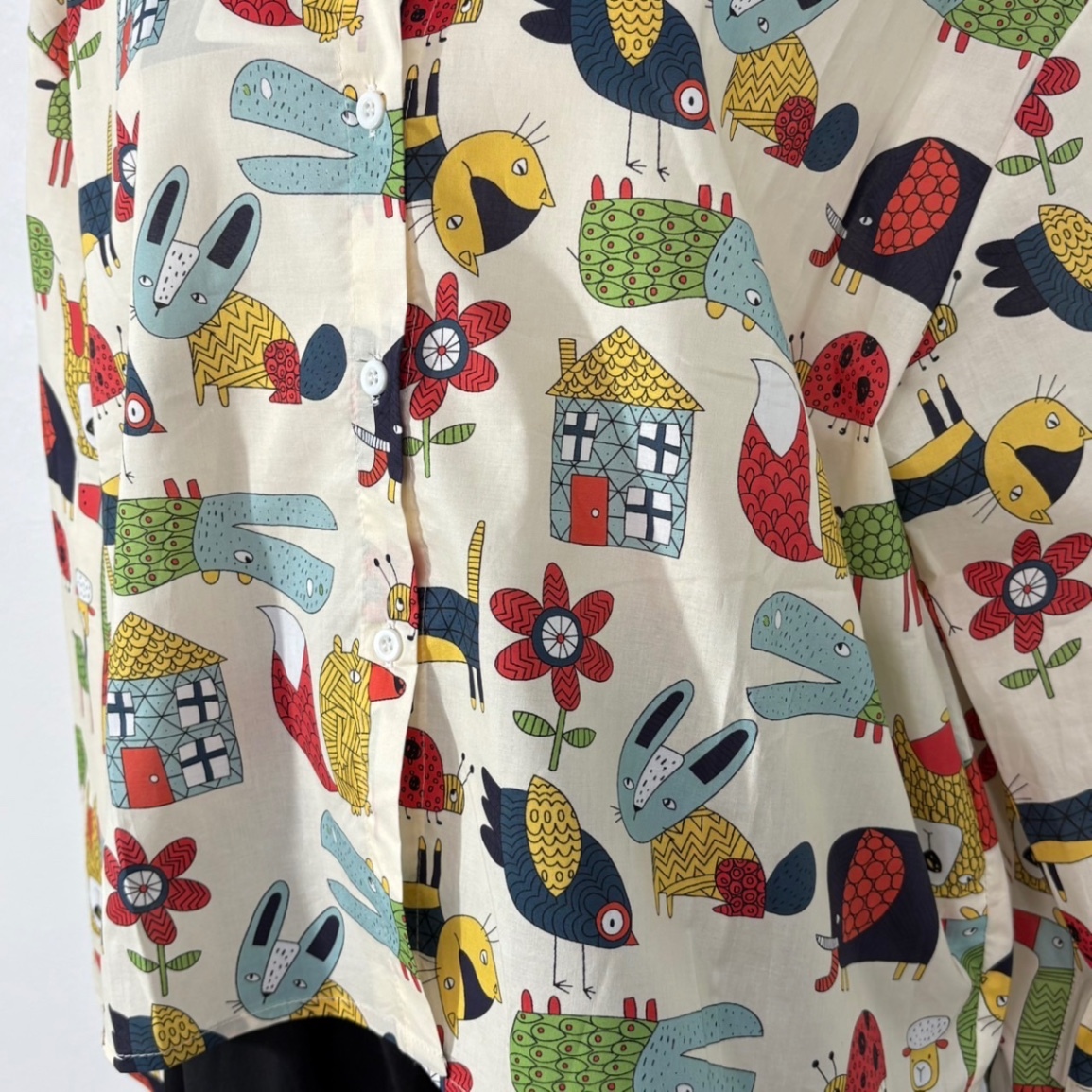北欧風アニマル柄コットンシャツ M-L 綿100％ ゆったりシルエット　