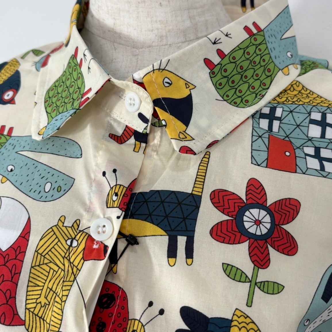 北欧風アニマル柄コットンシャツ M-L 綿100％ ゆったりシルエット　