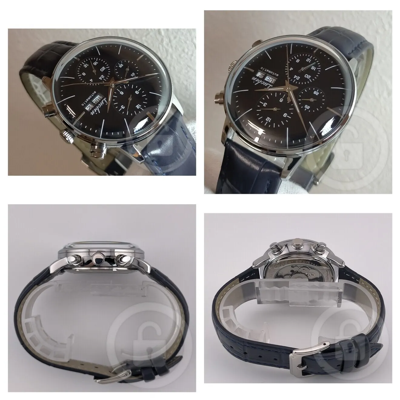 美しき超アール風防【機械式多機能/新品】裏スケ ３カレンダー ロイヤルブルー革