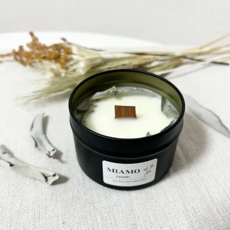 【浄化の香り】木芯のホワイトセージキャンドル｜おうち焚き火ギフト 缶キャンドル アロマキャンドル