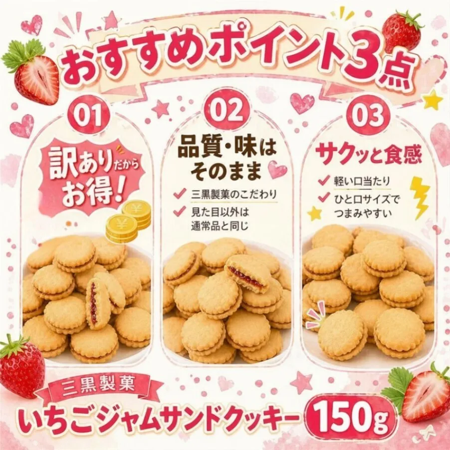 いちごジャムサンドクッキー アウトレット品 訳あり 大容量 三黒製菓 クッキー おかし オフ会