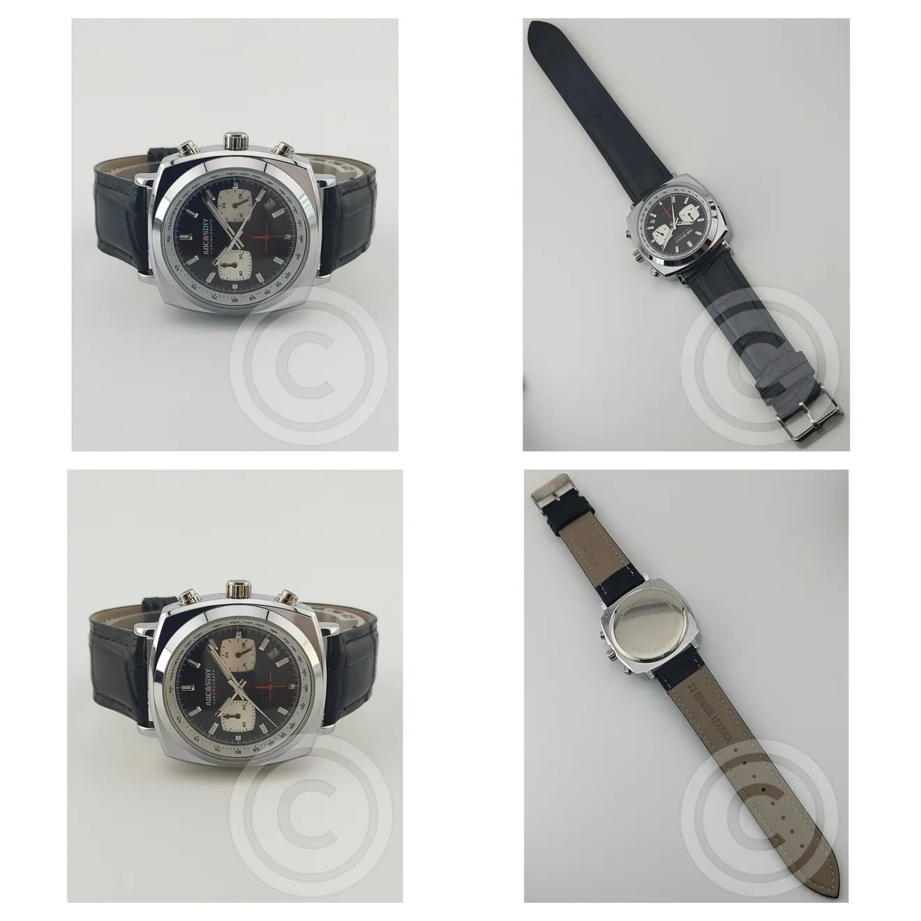 【洗練のクッション型クロノグラフ/新品】ブラックパンダ ブラック革
