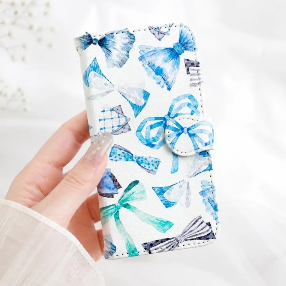手描き水彩画 ˖⁺見るたび癒される ˖⁺ ブルーリボンの手帳型スマホケース iPhone対応