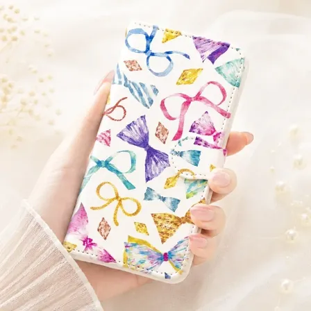 手描き水彩画 ˖⁺ 見るたび癒される ˖⁺ リボン柄の手帳型スマホケース iPhone対応