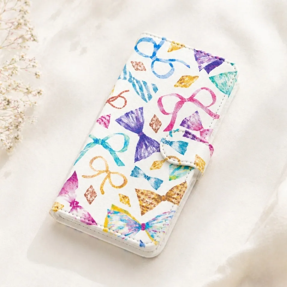 手描き水彩画 ˖⁺ 見るたび癒される ˖⁺ リボン柄の手帳型スマホケース iPhone対応
