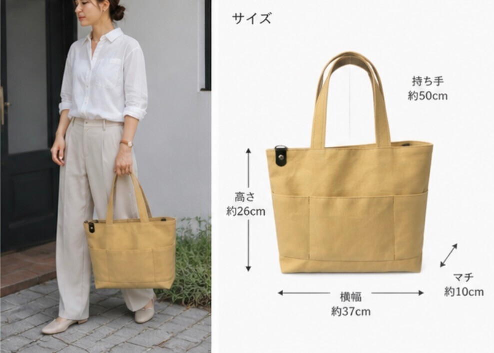 ナチュラルキャンバストート｜MacBook対応｜肩掛けOK｜カーキ裏地