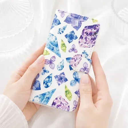手描き水彩画 ˖⁺ 見るたび癒される ˖⁺あじさい柄の手帳型スマホケース iPhone対応