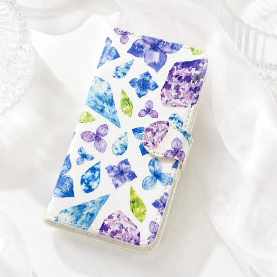 手描き水彩画 ˖⁺ 見るたび癒される ˖⁺あじさい柄の手帳型スマホケース iPhone対応