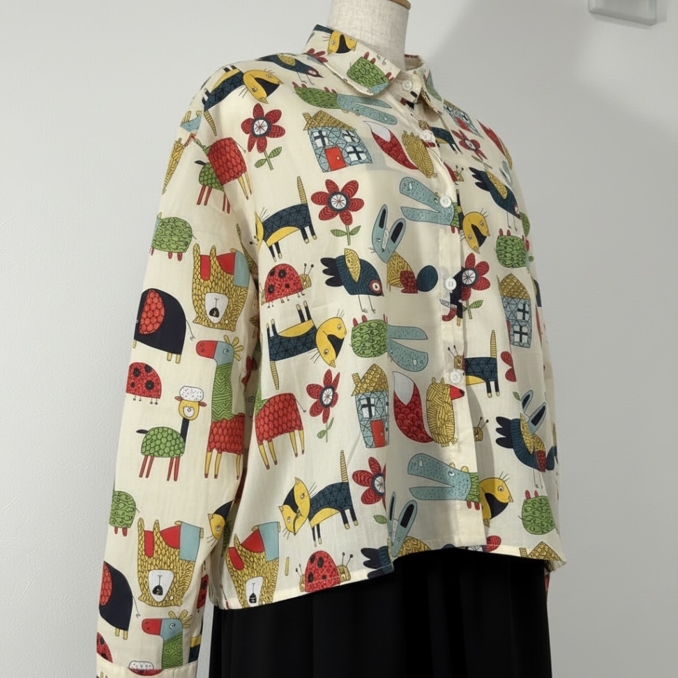北欧風アニマル柄コットンシャツ M-L 綿100％ ゆったりシルエット　