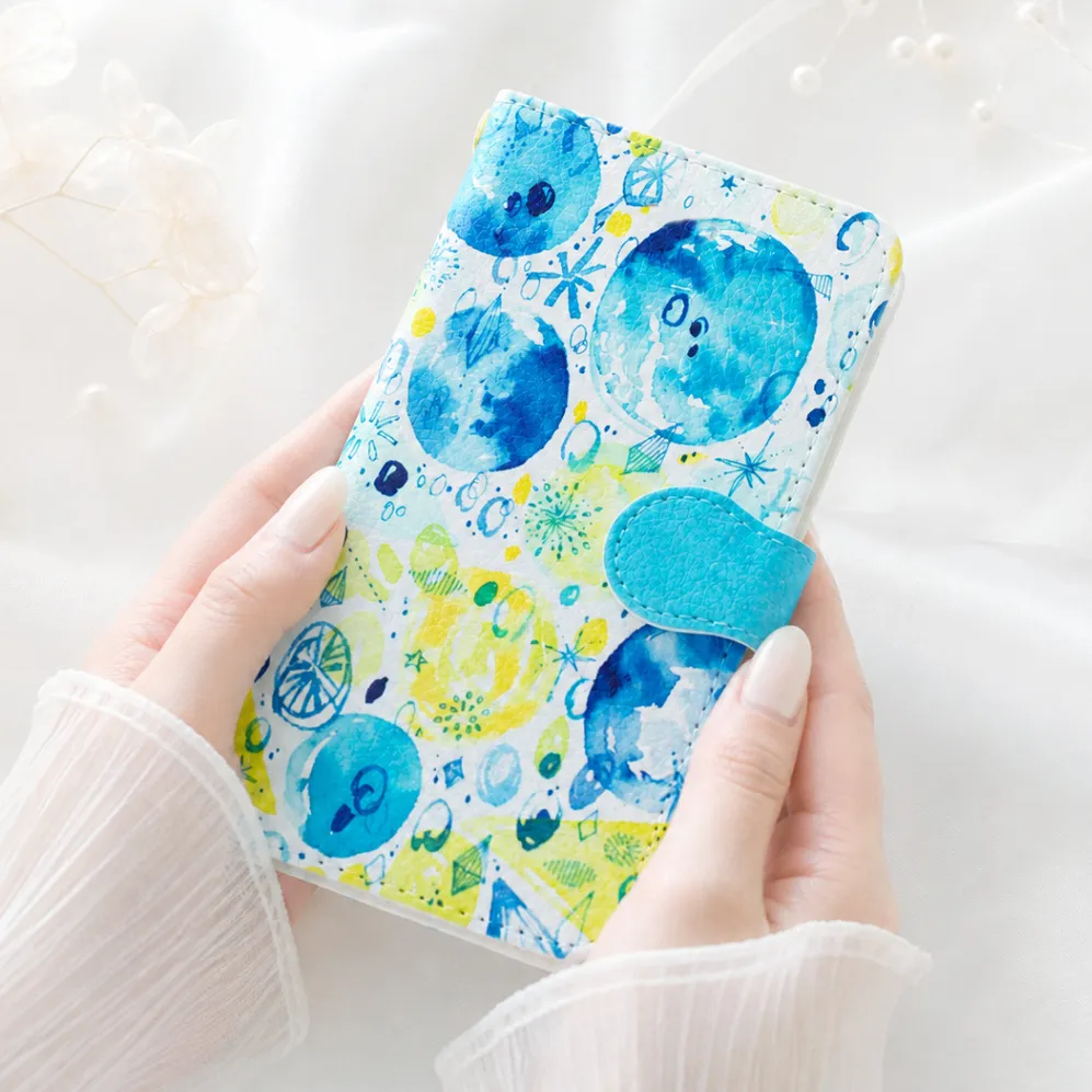 手描き水彩画 ˖⁺ 見るたび癒される ˖⁺Bluedrop柄の手帳型スマホケース iPhone対応