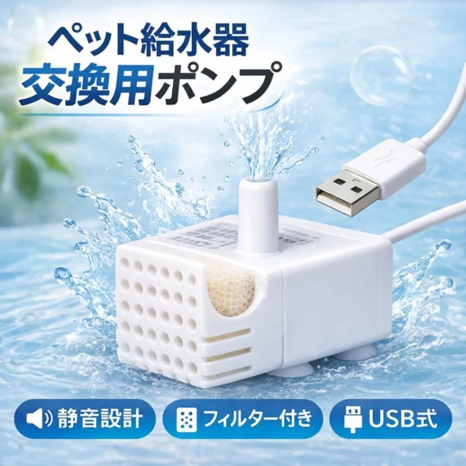 ペット給水器 交換用ポンプ ミニ水中ポンプ USB式 静音 フィルター付 吸盤取外し可 アクアリウム