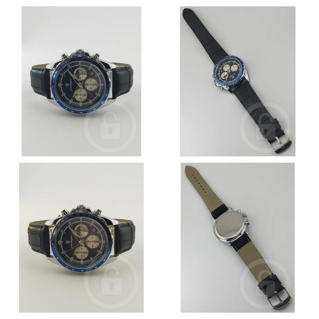 【サファイアブルーが美しいムーンウォッチ/新品】クロノグラフ サンムーン 黒革