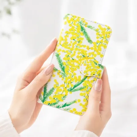 手描き水彩画 ˖⁺ 見るたび癒される ˖⁺ミモザ柄の手帳型スマホケース iPhone対応