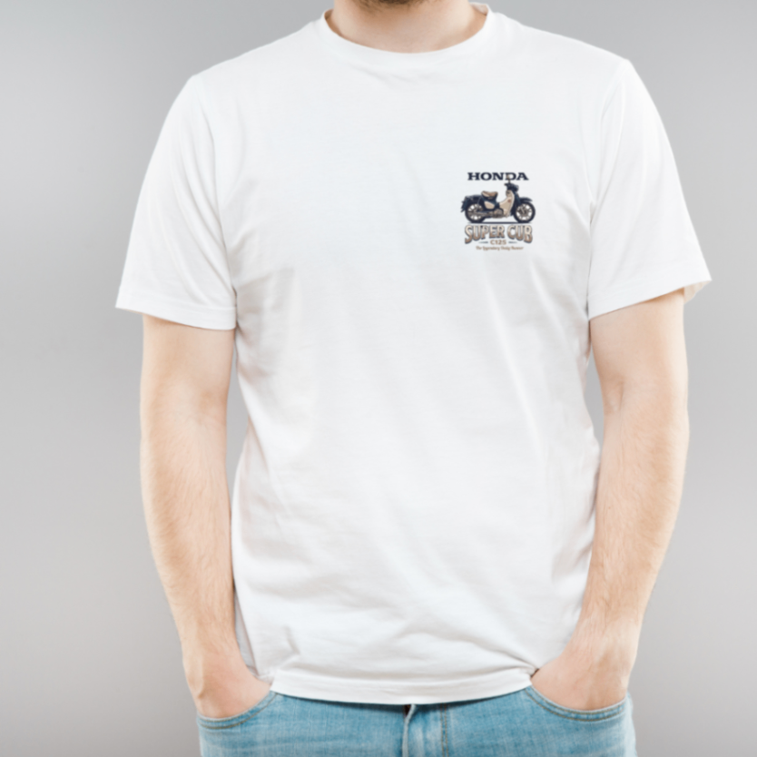 リベ特別価格⭐️ホンダ スーパーカブ C125 レトロイラスト ワンポイントTシャツ（ホワイト）