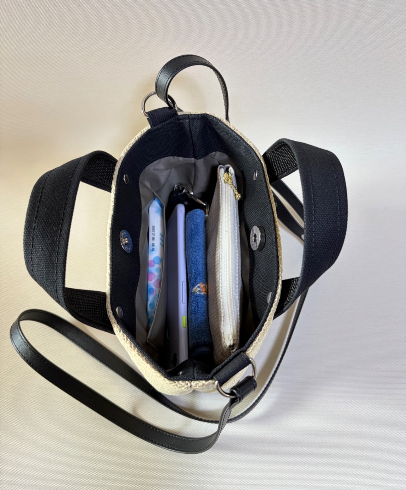 【夏の2wayミニトートバッグ】かご風素材×帆布 ショルダー付き ハンドメイド【行楽アイテム】