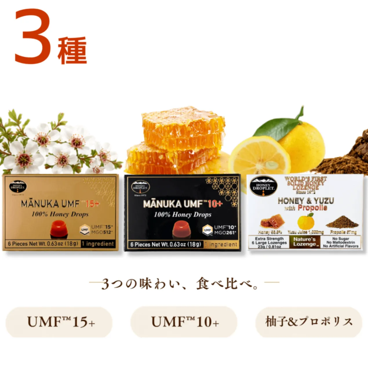 ハニードロップレット 6粒×3箱｜UMF™15+・10+・柚子＆プロポリス｜マヌカ｜アカシア