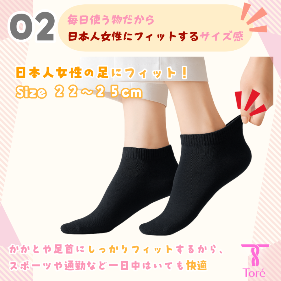 Toré レディース くるぶしソックス 5足 22-25cm 綿 抗菌防臭 通気性 補強 ブラック