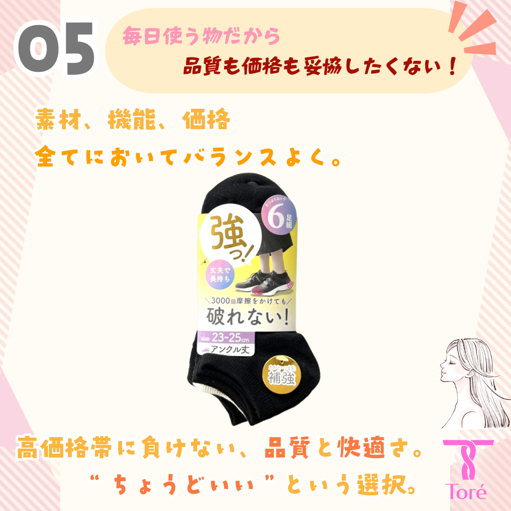Toré 摩擦試験3000回 くるぶしソックス 23-25cm 綿 破れにくい 6足 黒 白