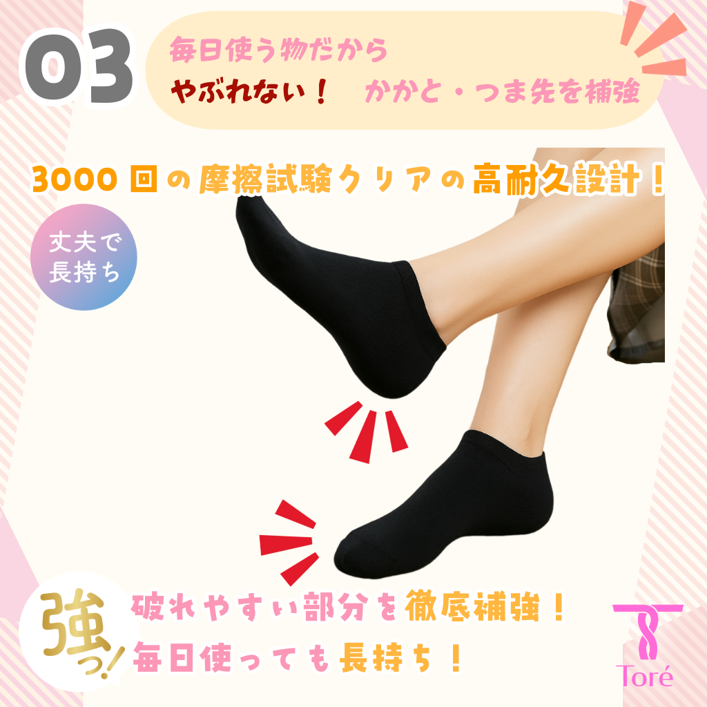 Toré 摩擦試験3000回 底パイル くるぶしソックス 23-25cm 綿 破れにくい 6足 黒
