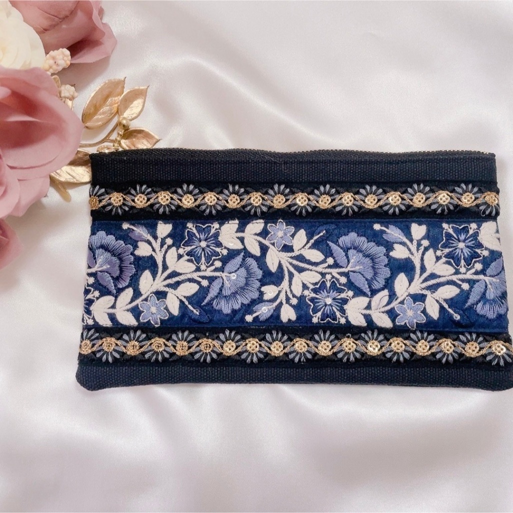 20cmファスナーポーチ　インド刺繍リボン（ハンドメイド）