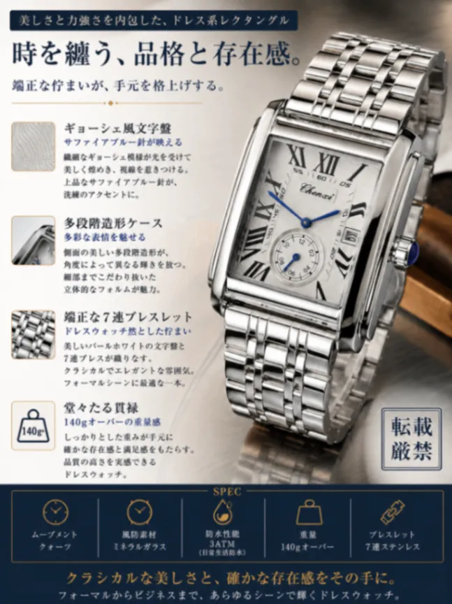 【プレミアムレクタングル/新品】パールホワイト文字盤/７連ステンレスブレス 日付