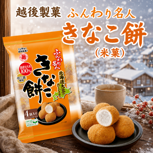 新潟県 越後製菓 ふんわり名人 きなこ餅 (米菓) 国産もち米100% 和三盆使用 4袋入り 分包 