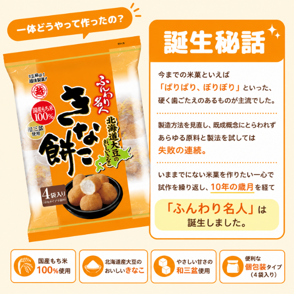 新潟県 越後製菓 ふんわり名人 きなこ餅 (米菓) 国産もち米100% 和三盆使用 4袋入り 分包 