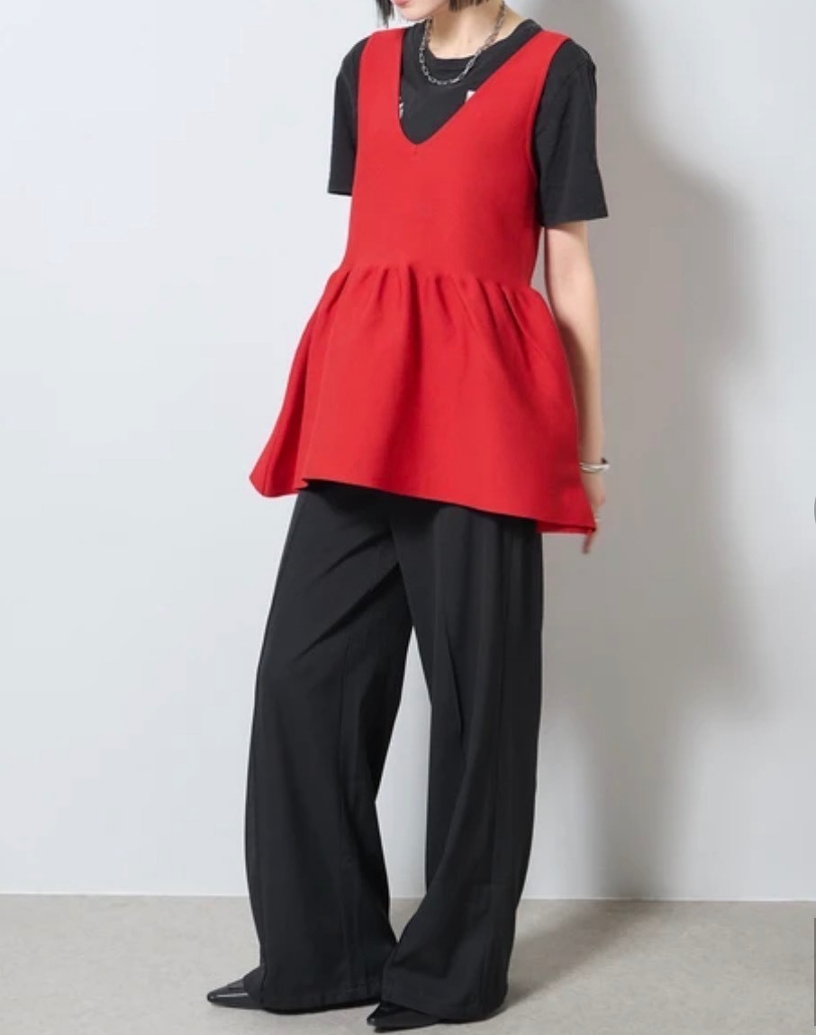 前後2WAY ニットペプラムタンクトップ ベスト　トマトレッド　赤