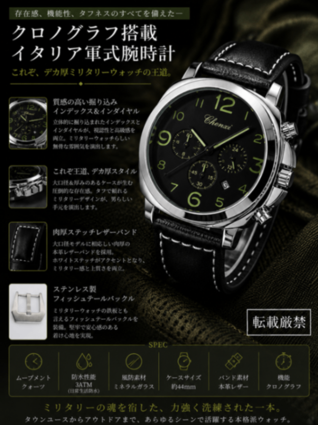 【待望のクロノグラフ搭載イタリア軍式腕時計/新品】フィッシュテールバックル装備①