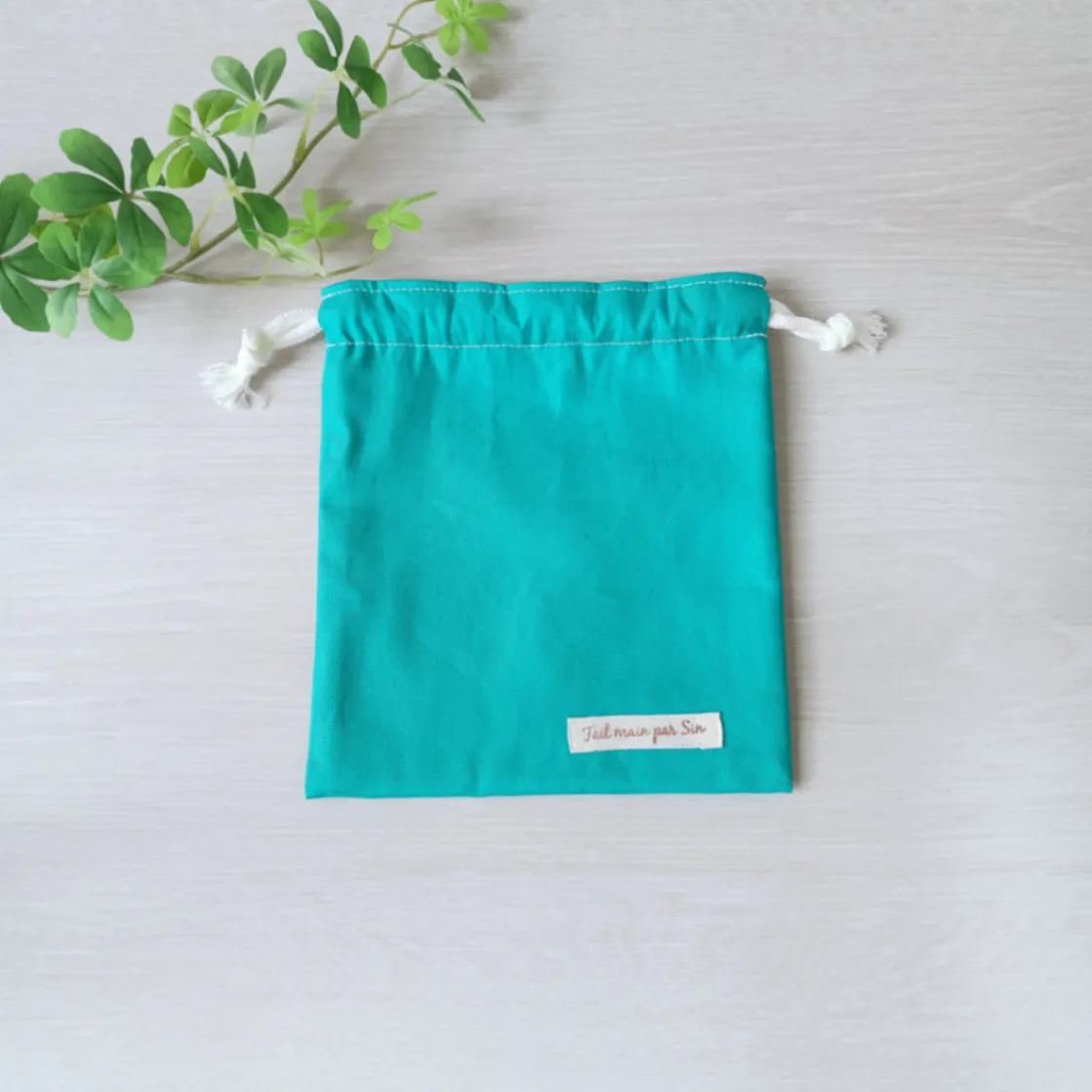 国産紀州オックスの巾着袋（S）｜ターコイズグリーン｜入園入学・コップ袋