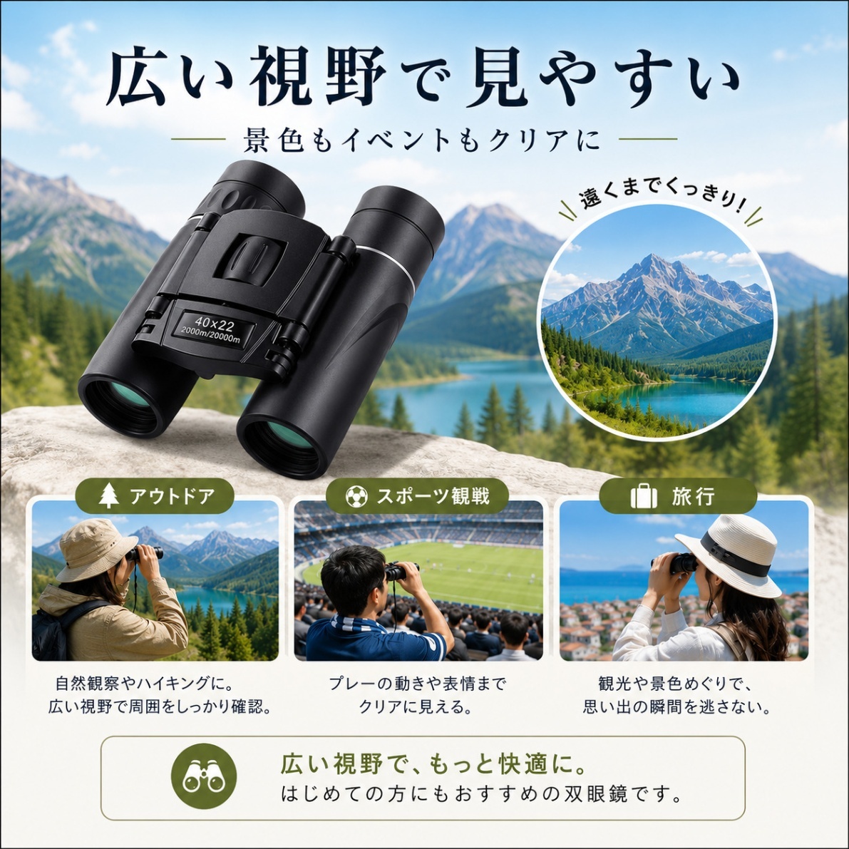 双眼鏡 ポーチ付き コンパクト 軽量 折りたたみ 40×22 小型 ライブ コンサート スポーツ観戦