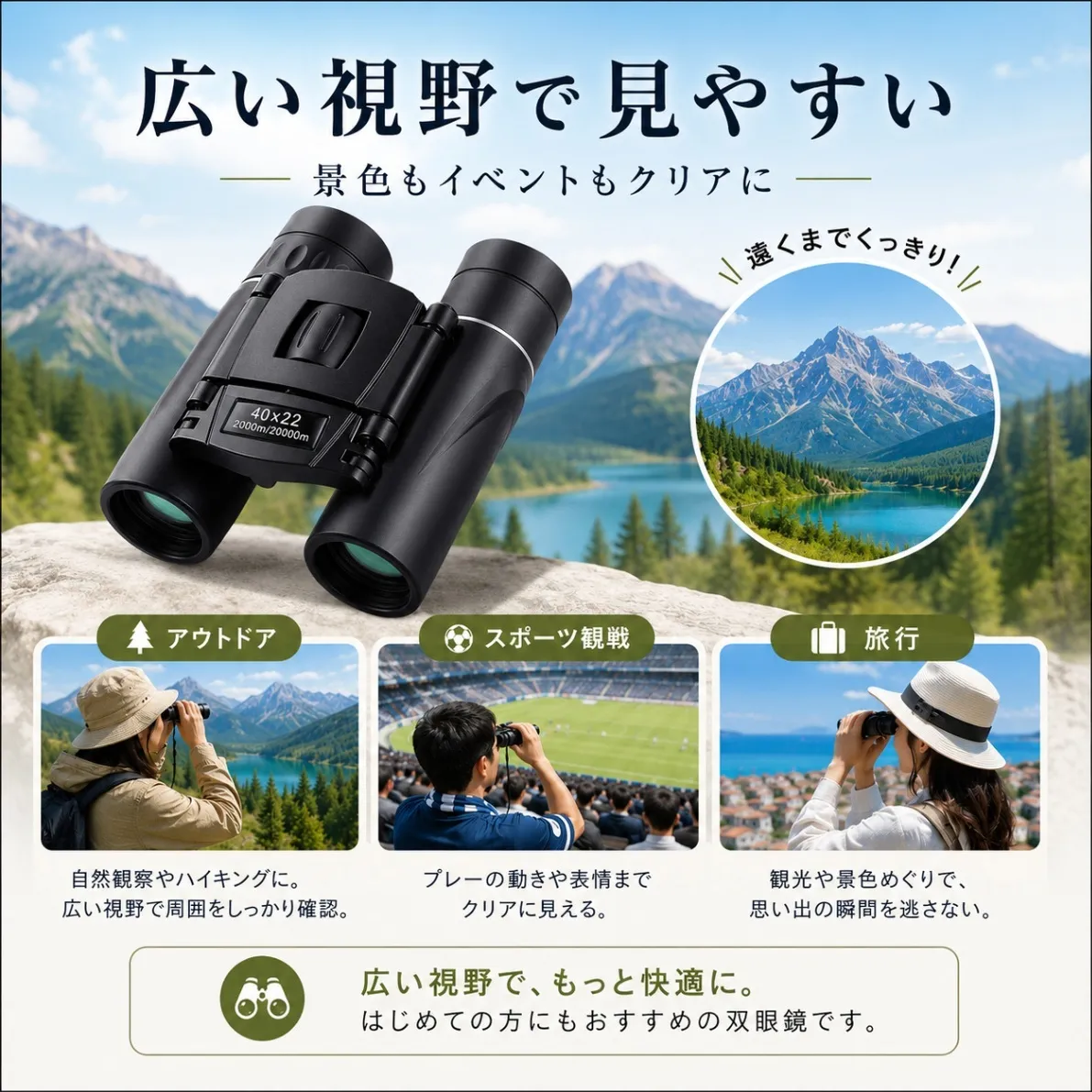 双眼鏡 ポーチ付き コンパクト 軽量 折りたたみ 40×22 小型 ライブ コンサート スポーツ観戦