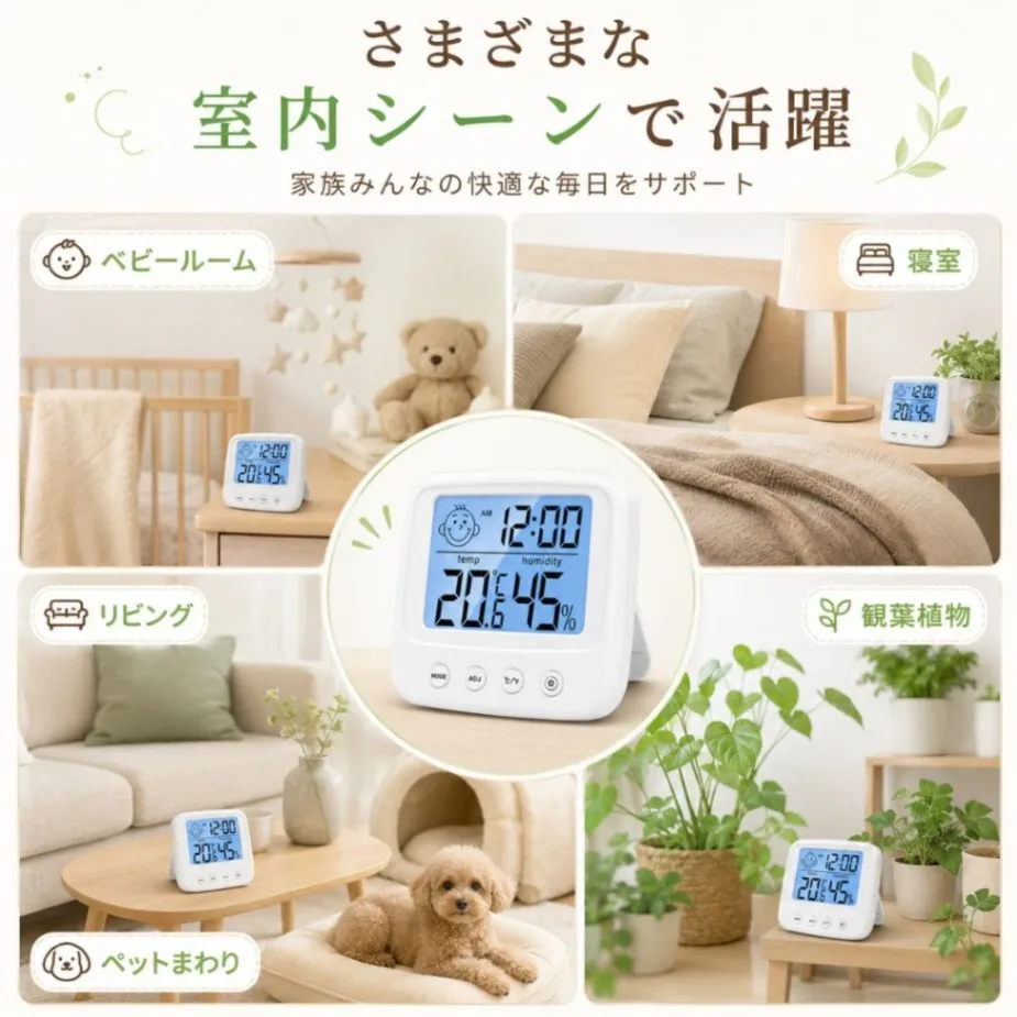 温湿度計 デジタル 温度計 湿度計 時計付き 大画面 卓上 壁掛け バックライト 温湿度時計