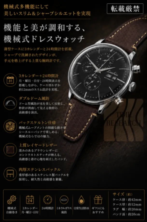美しき超アール風防【機械式多機能/新品】裏スケ ３カレンダー レイヤード焦茶革