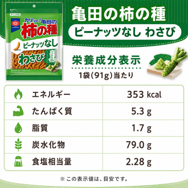 新潟 亀田製菓 柿の種 わさび味 ピーナッツなし 便利なチャック付き 安曇野産本わさび粉末使用