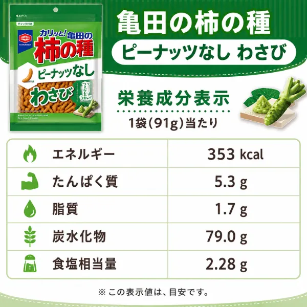 新潟 亀田製菓 柿の種 わさび味 ピーナッツなし 便利なチャック付き 安曇野産本わさび粉末使用