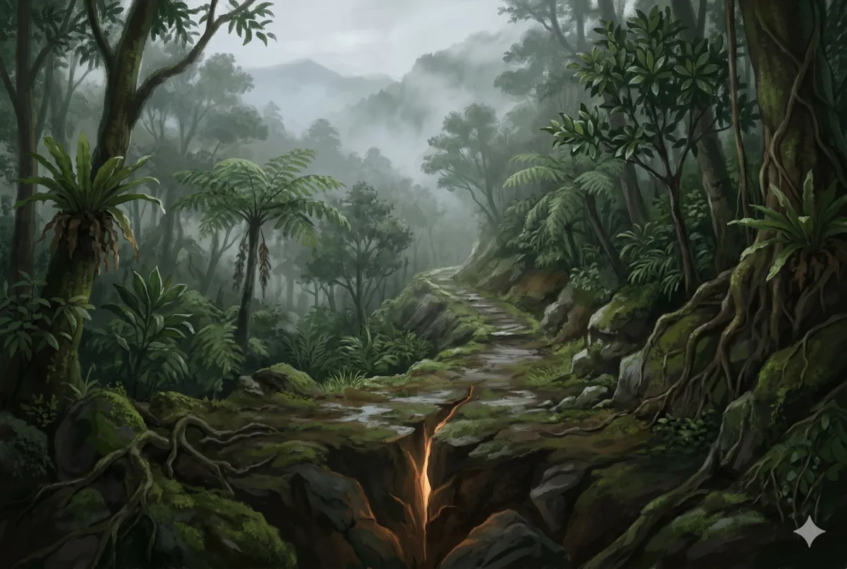 雲霧森林中的山徑，大地裂縫透出微光，象徵地雷復卦的生機萌動