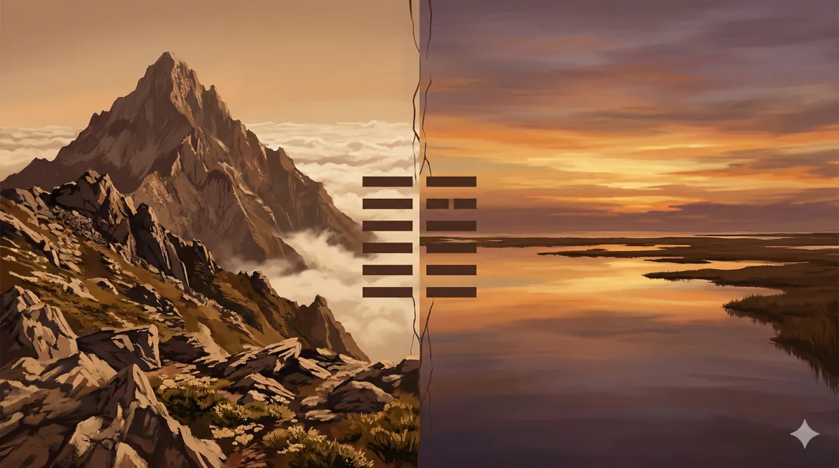 左邊是雲端之上的玉山峰頂，右邊是海平面的高美濕地夕照，中間以坤卦六條陰爻連結