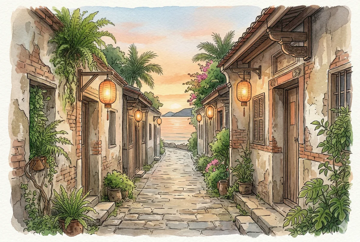 恆春古鎮巷弄，夕陽餘暉中的石板路通向遠方海平線，燈籠散發暖光